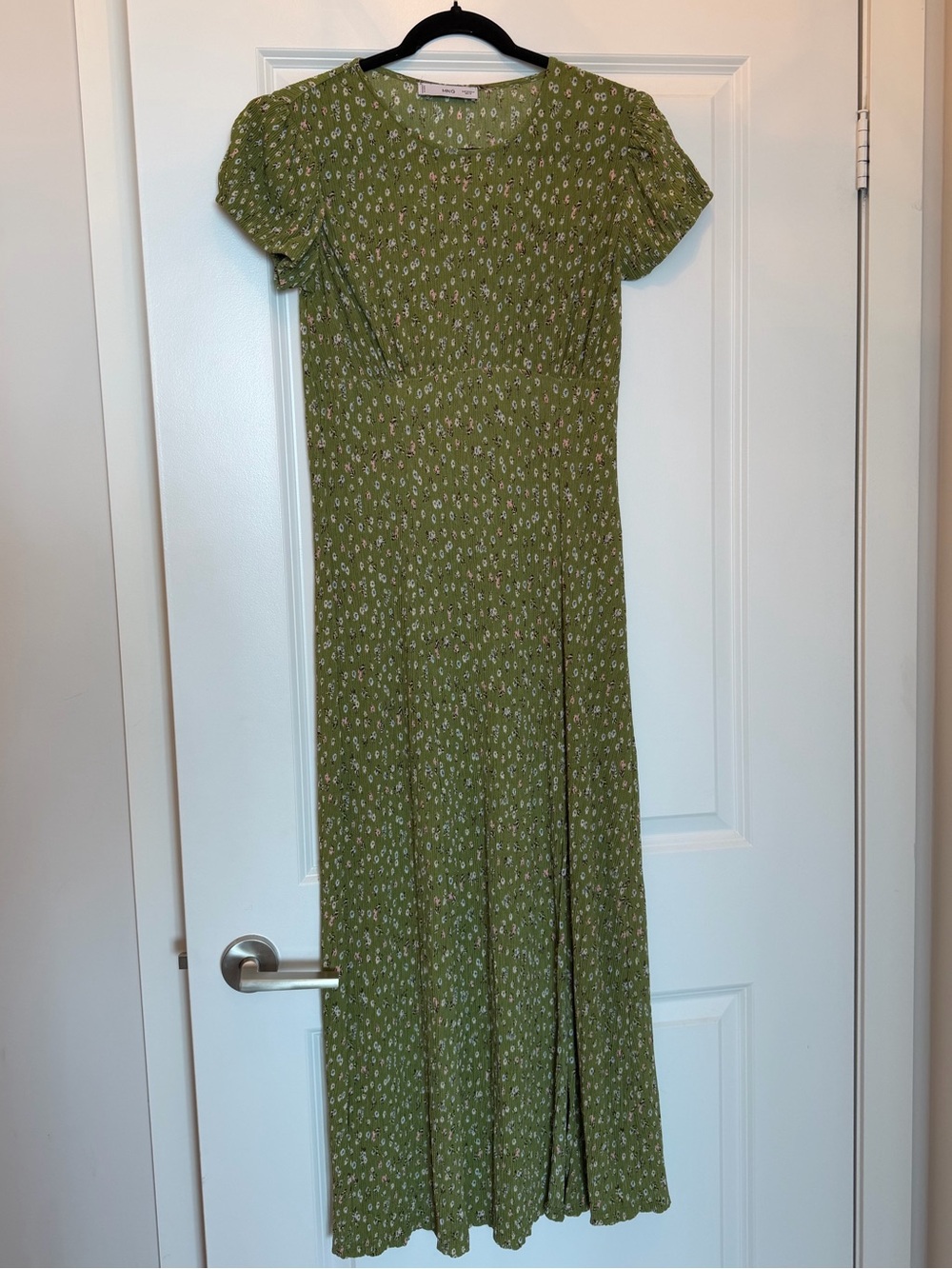 Mango Olive Green Floral Maxi Dress with Puff Sleeves